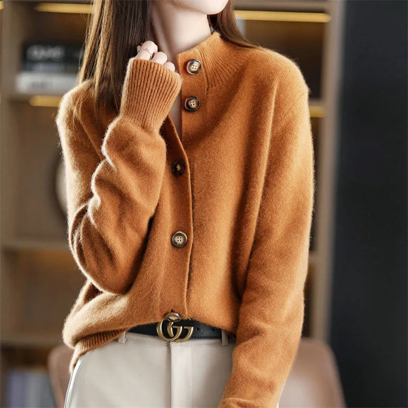 Women's plain button-front cardigan with a mock neck and long sleeves