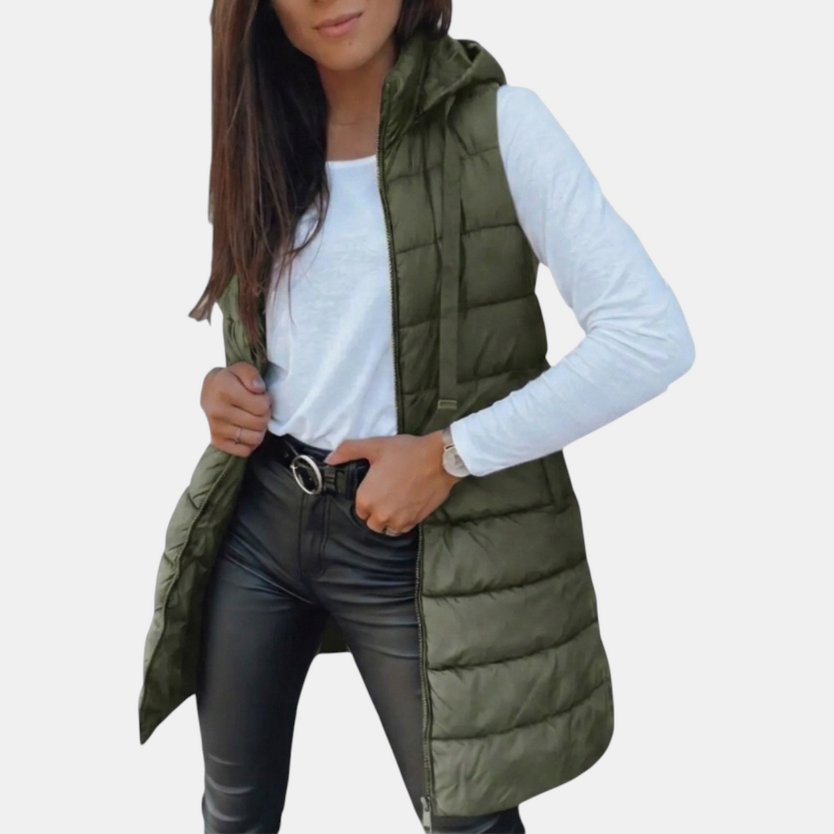 Women's longline hooded puffer gilet with horizontal quilting and zip front