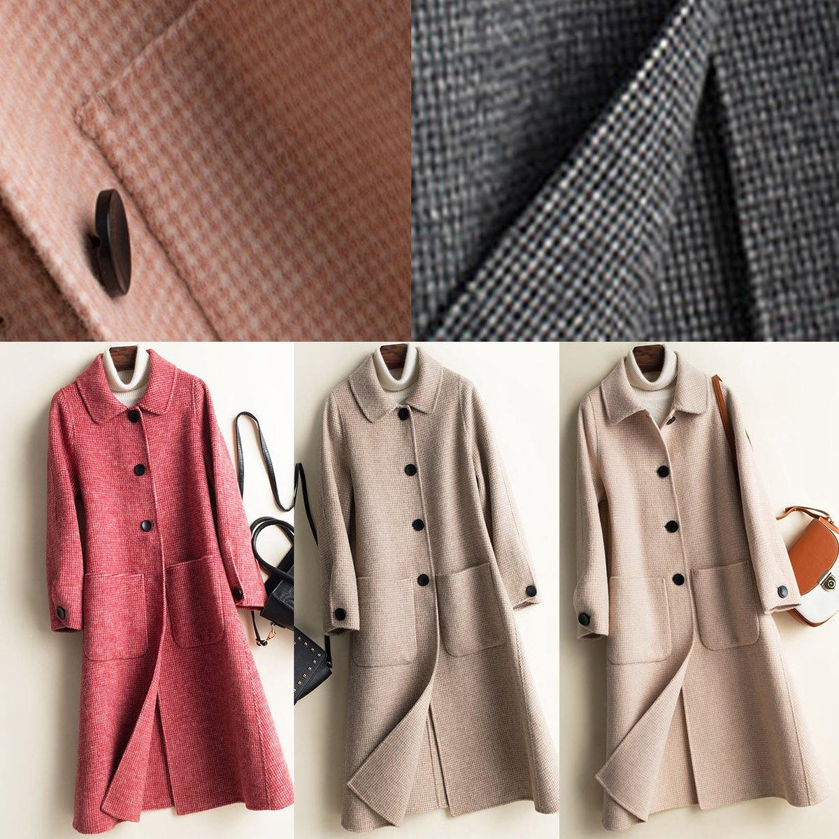 Women's checked midi coat with Peter Pan collar, button front and patch pockets