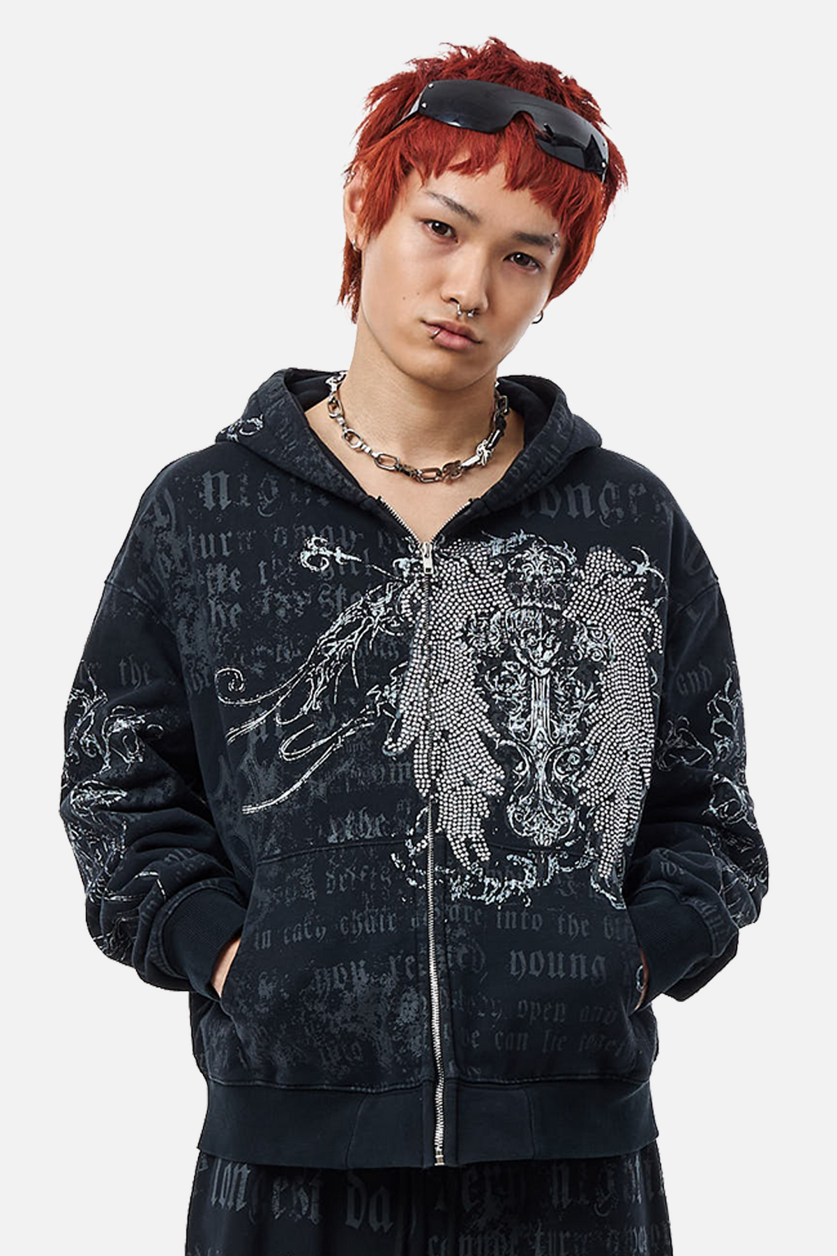 Men's black zip hoodie with hood and gothic text and graphic print