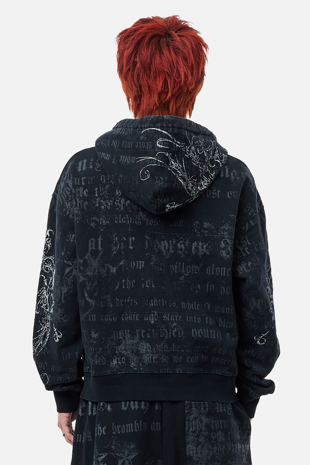 Men's black zip hoodie with hood and gothic text and graphic print