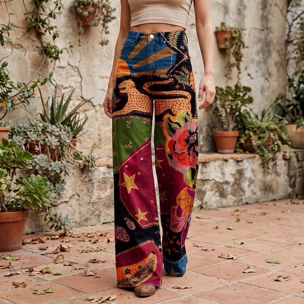 Artica  - Vintage Print Wide Leg Trousers Casual Outings