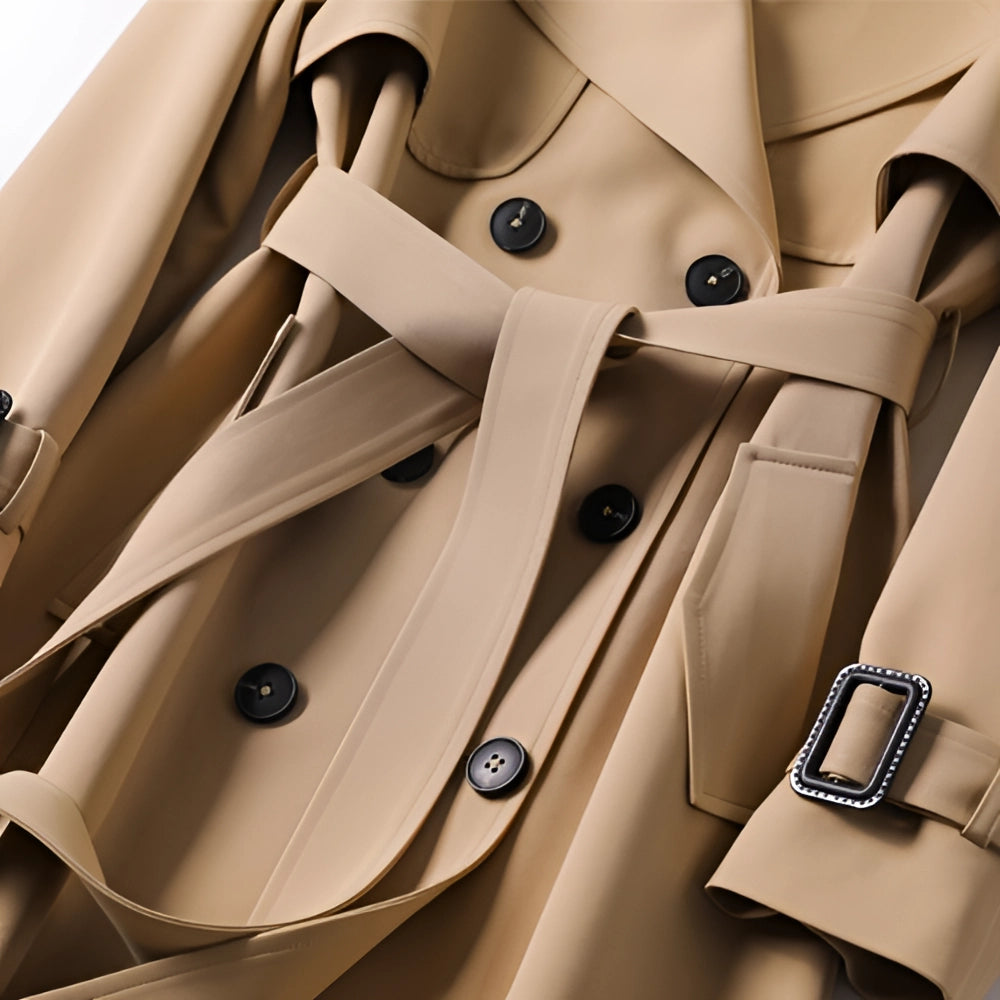 Women's long double-breasted belted trench coat with lapels and cuff buckles