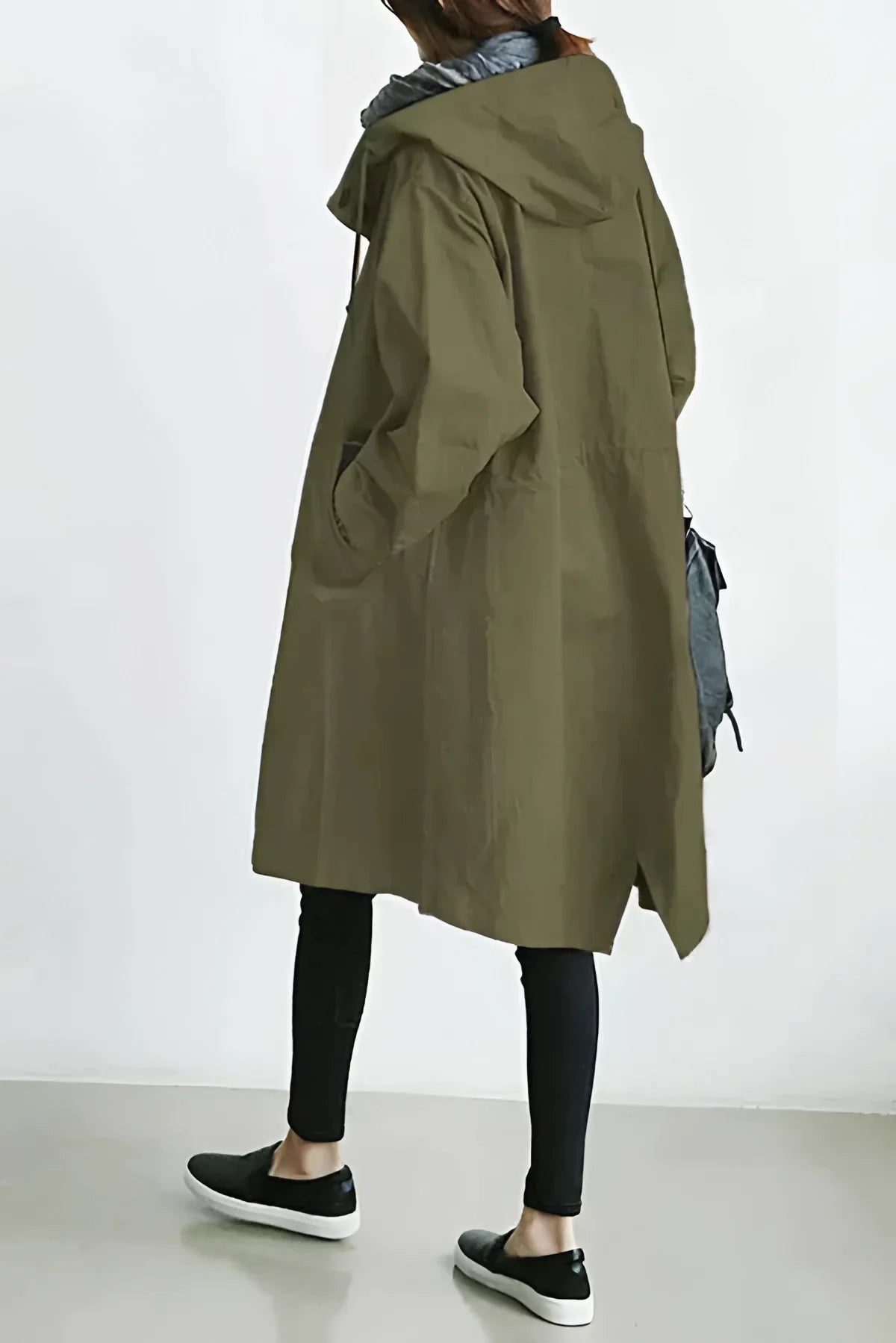 Women's long hooded trench coat with button front and gathered sleeves