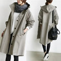 Women's long hooded trench coat with button front and gathered sleeves