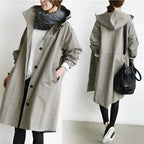 Women's long hooded trench coat with button front and gathered sleeves