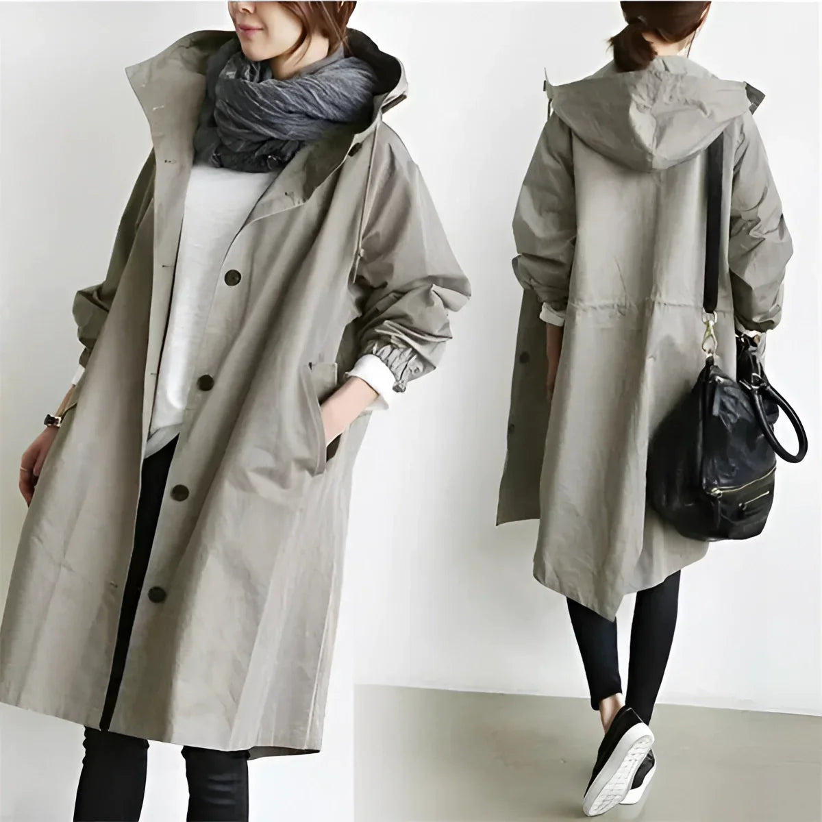 Women's long hooded trench coat with button front and gathered sleeves