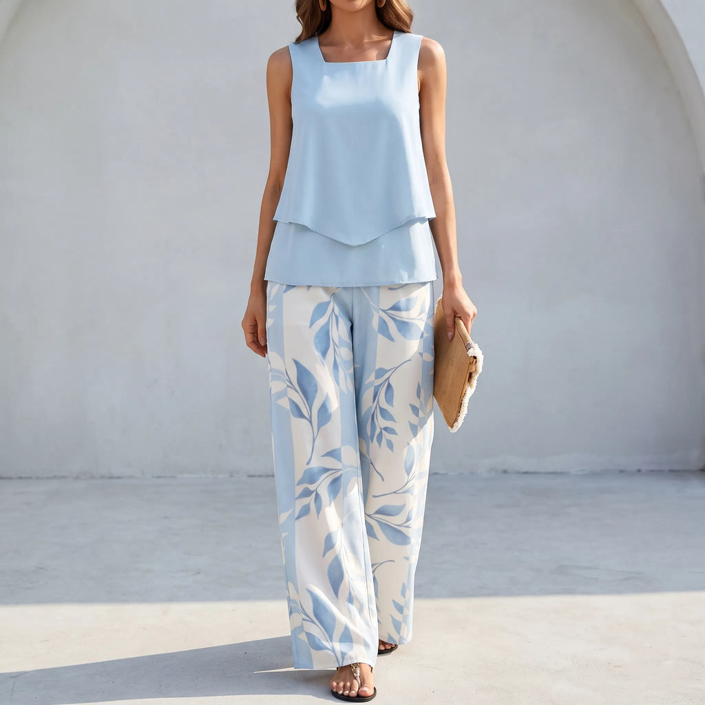AzuraSet  - Sleeveless Top And Wide-Leg Trousers Two-Piece Set Summer Holidays