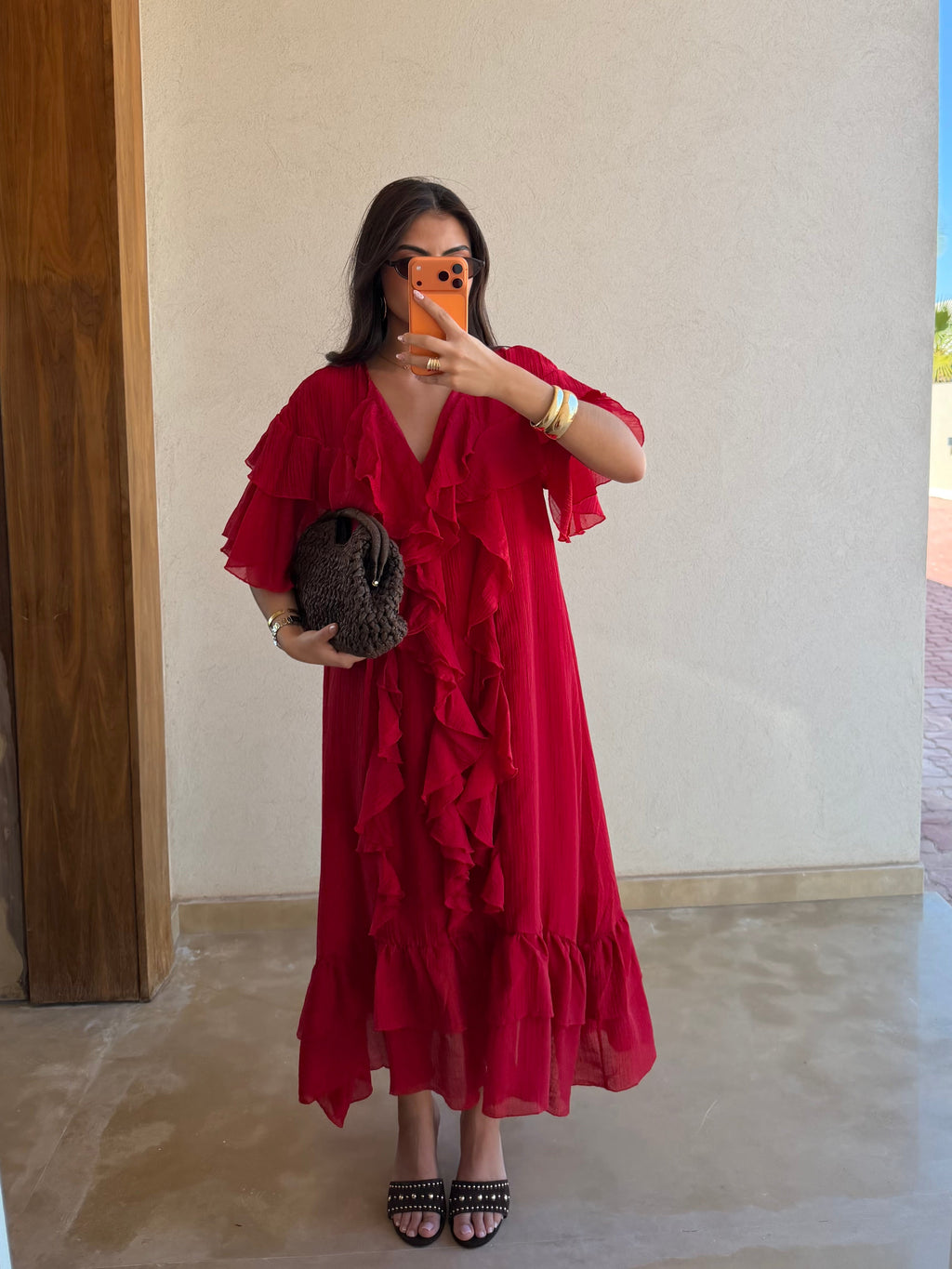 Women's red V-neck midi dress with short flutter sleeves and layered ruffles