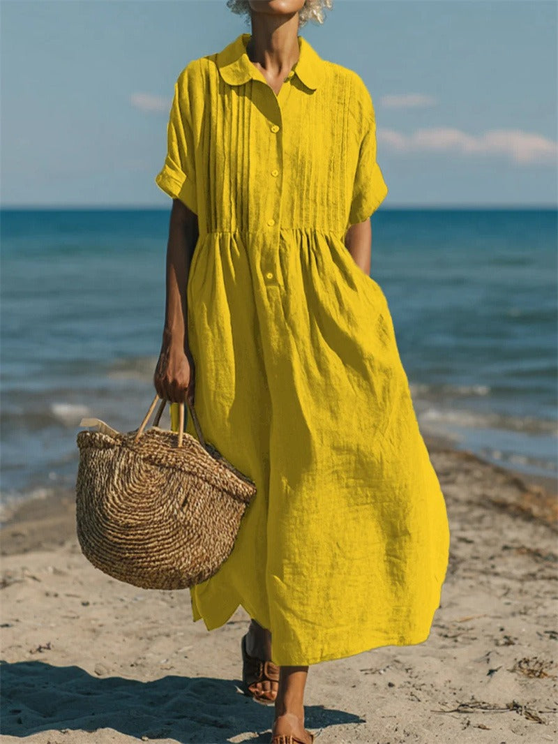 Women's collared button maxi dress with short sleeves and gathered waist