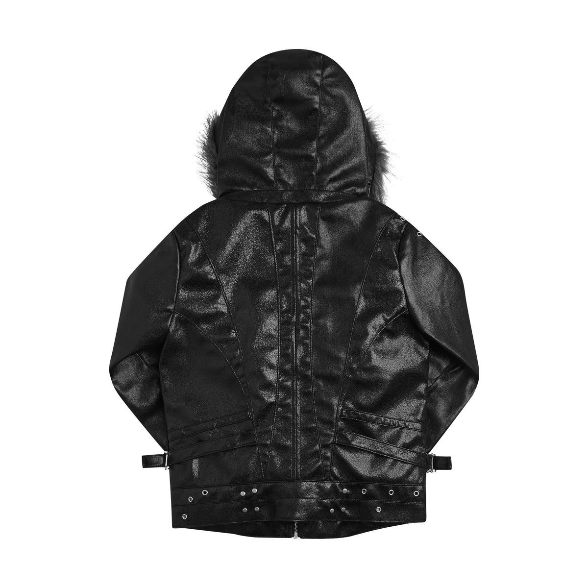 Black men's hooded jacket with textured trim, zipped front and multiple pockets