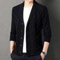 Men's textured shawl collar cardigan with button front, long sleeves and ribbed trims