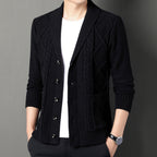 Men's textured shawl collar cardigan with button front, long sleeves and ribbed trims