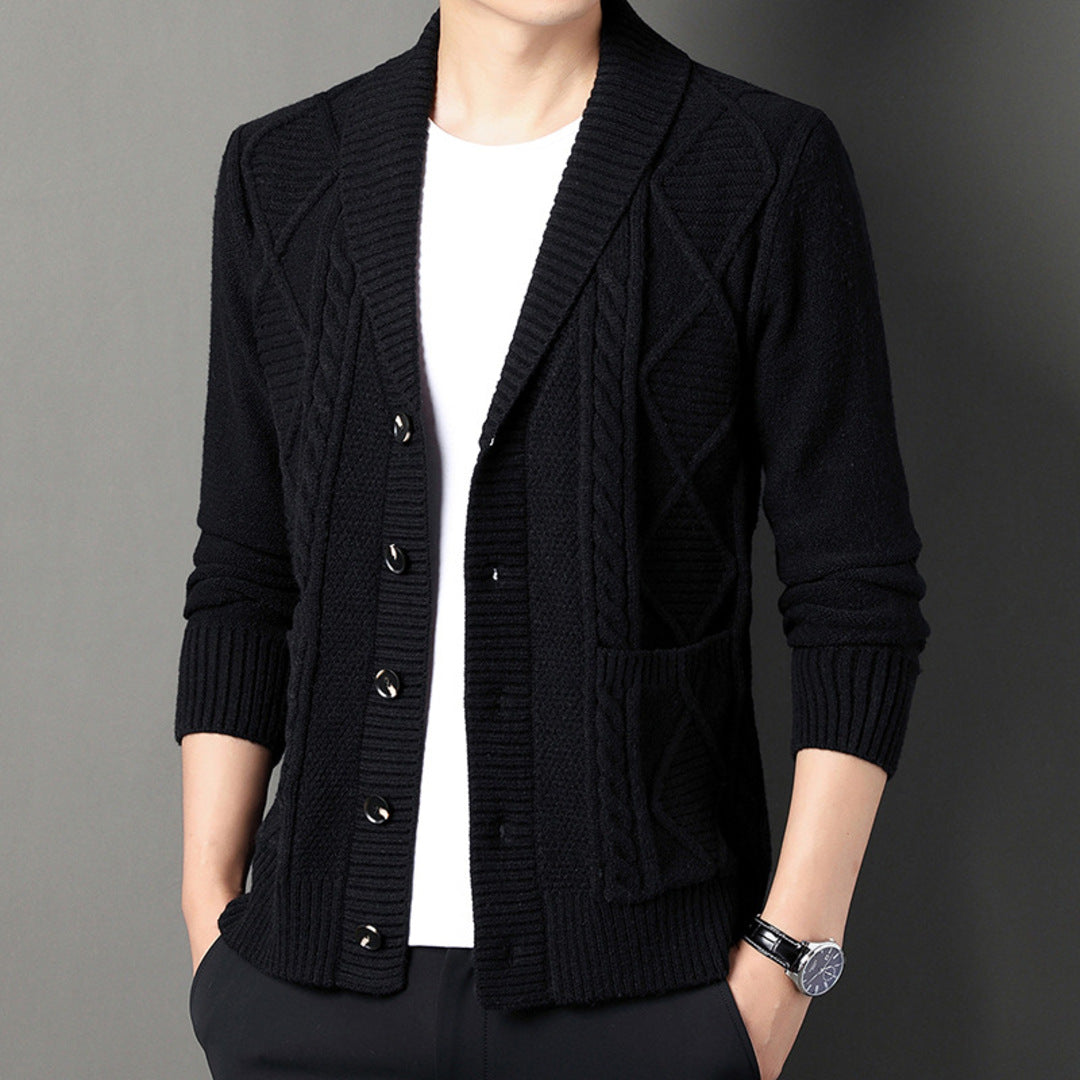 Men's textured shawl collar cardigan with button front, long sleeves and ribbed trims