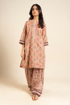 Women's peach floral shirt and wide-leg trouser set with mandarin collar
