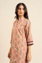 Women's peach floral shirt and wide-leg trouser set with mandarin collar