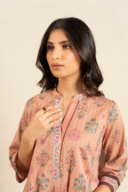 Women's peach floral shirt and wide-leg trouser set with mandarin collar
