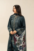 Women's multicolour printed three-piece tunic suit set with long sleeves and floral dupatta