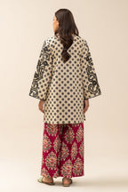 Women's cream and red two-piece printed suit with embroidered tunic and wide trousers