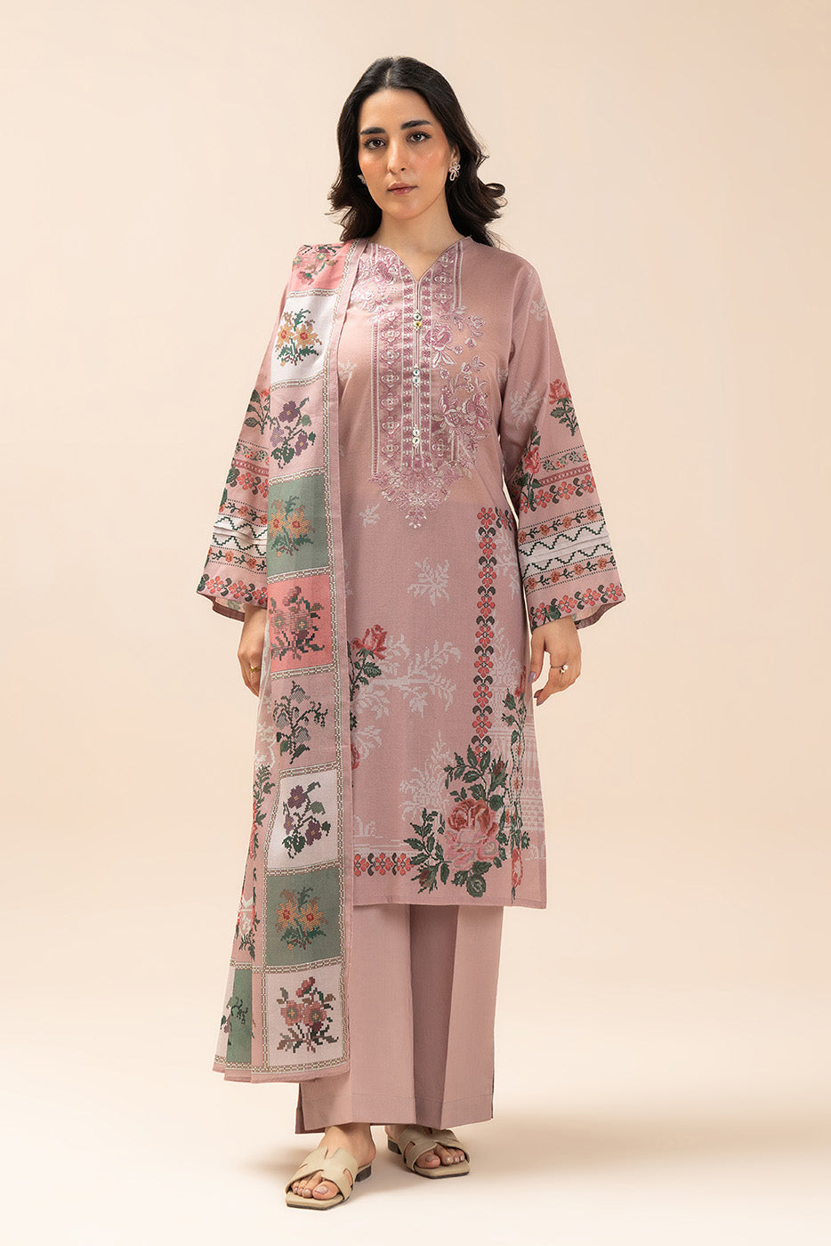 Women's multicoloured floral embroidered three-piece tunic, trousers and scarf set