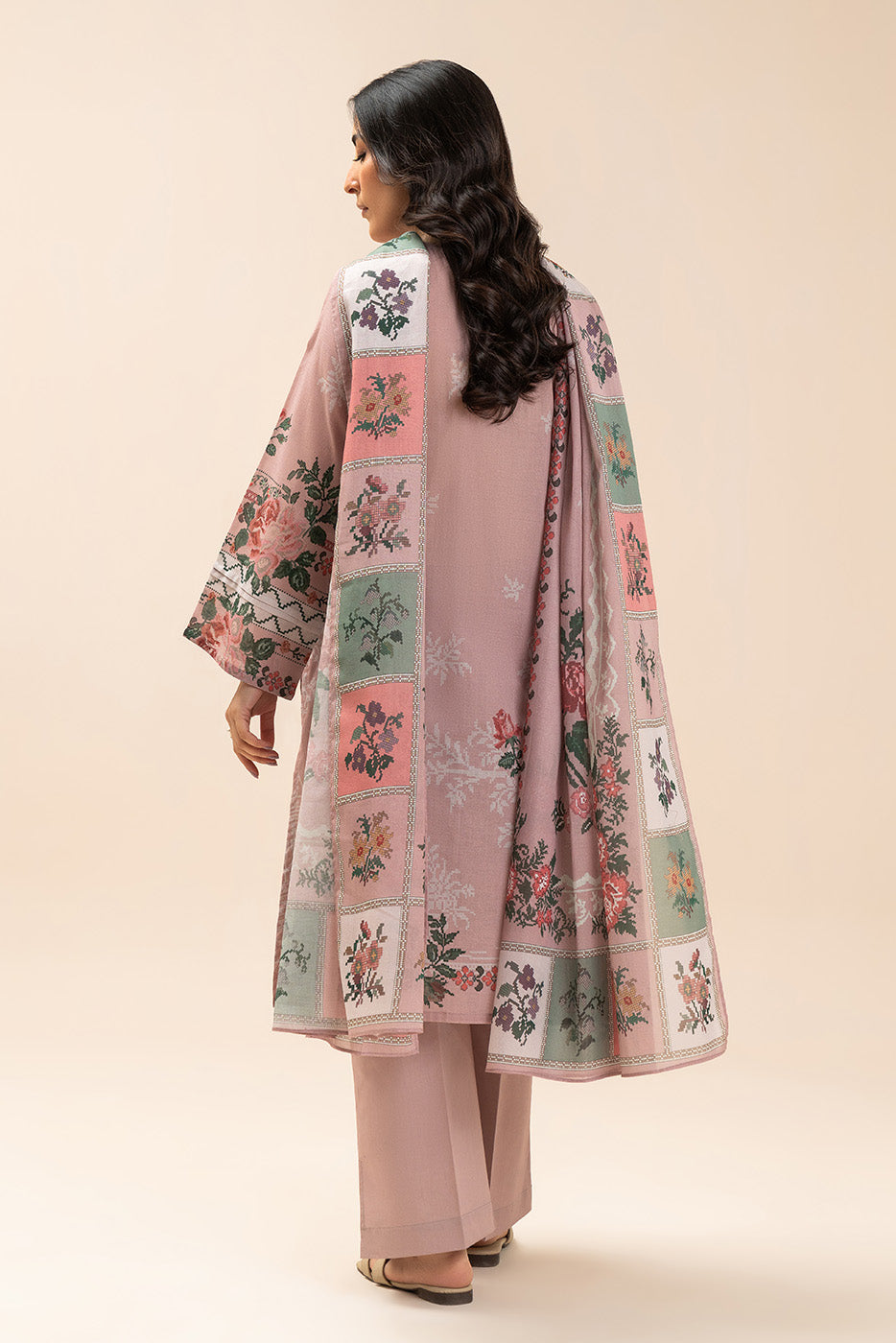 Women's multicoloured floral embroidered three-piece tunic, trousers and scarf set