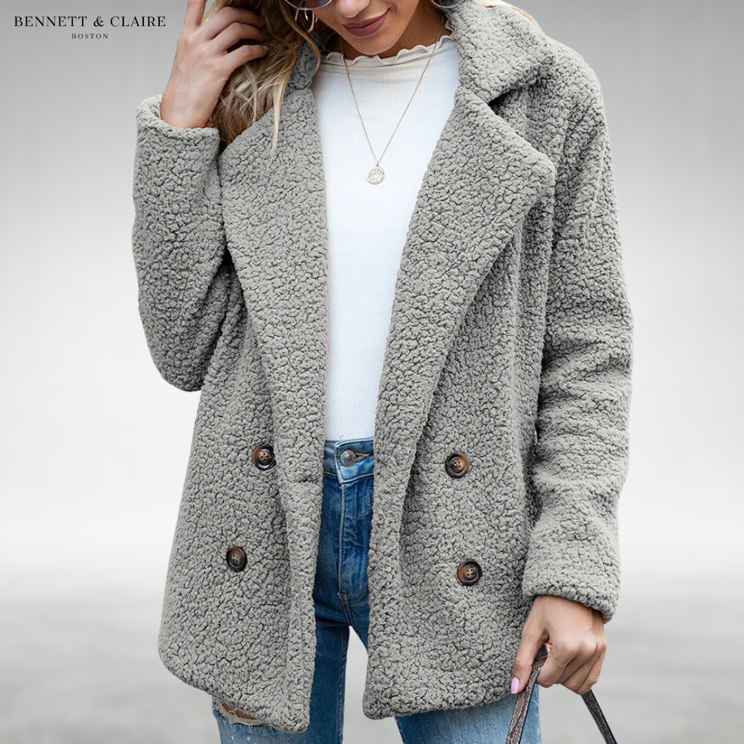 Women's textured double-breasted coat with notched lapels and long sleeves