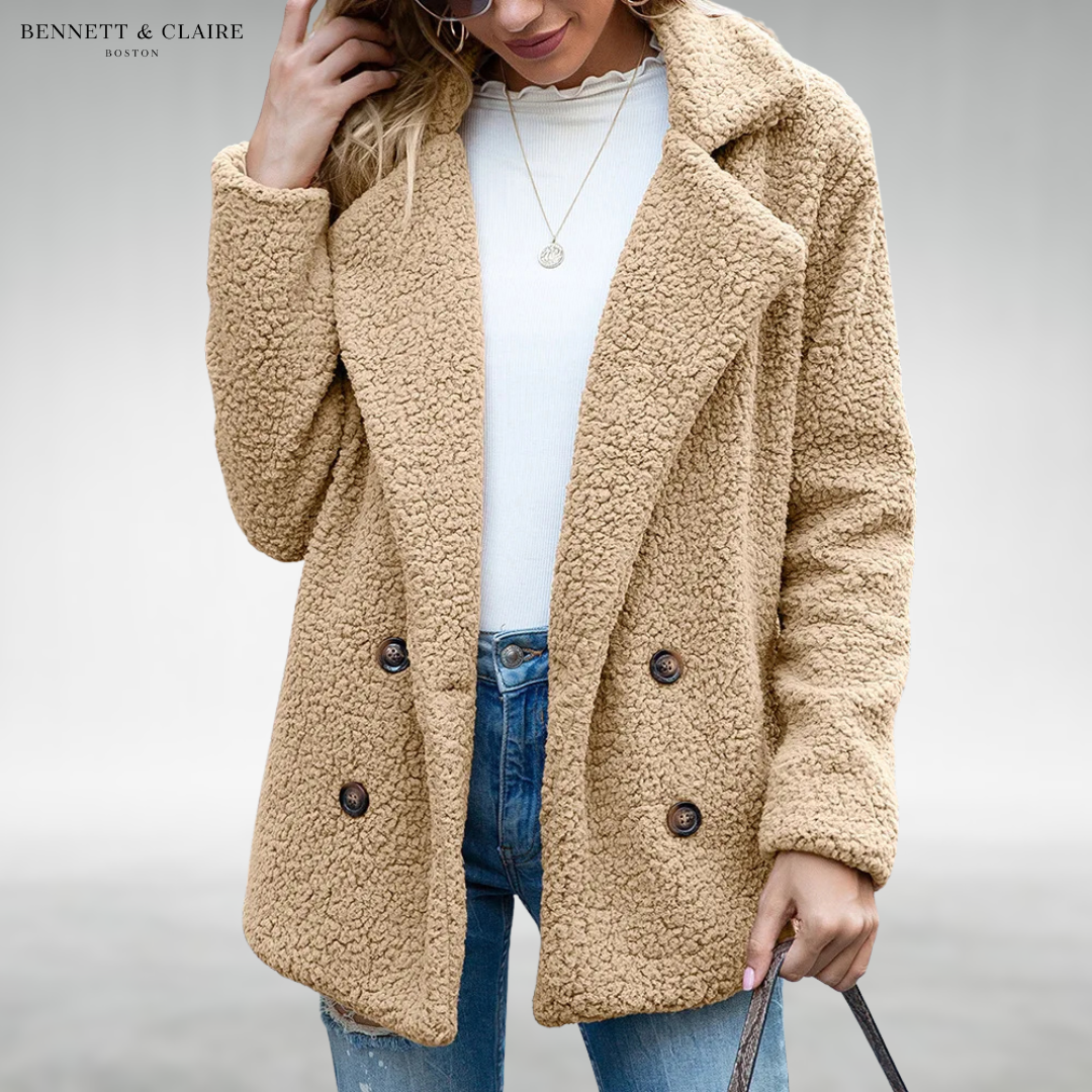 Women's textured double-breasted coat with notched lapels and long sleeves