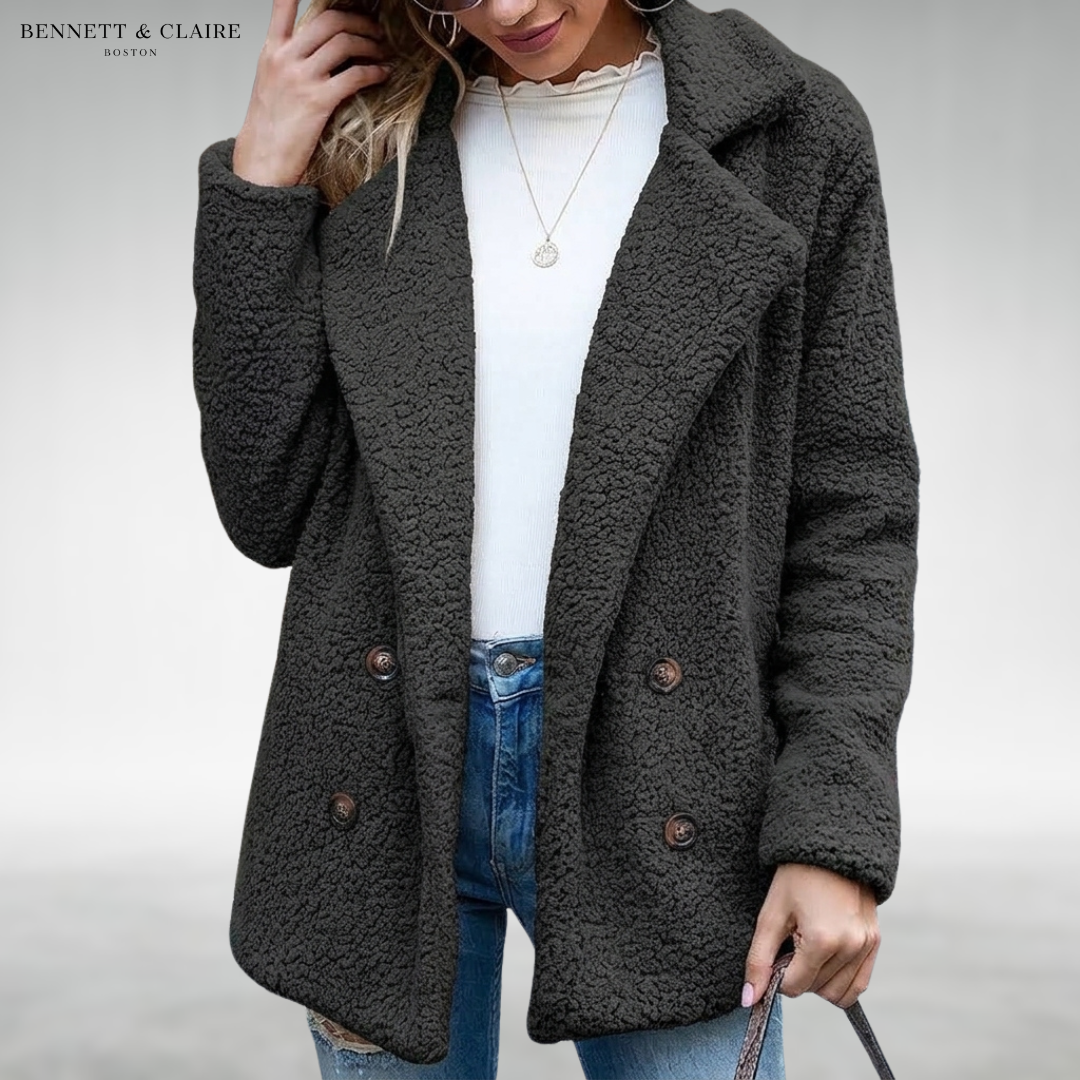 Women's textured double-breasted coat with notched lapels and long sleeves