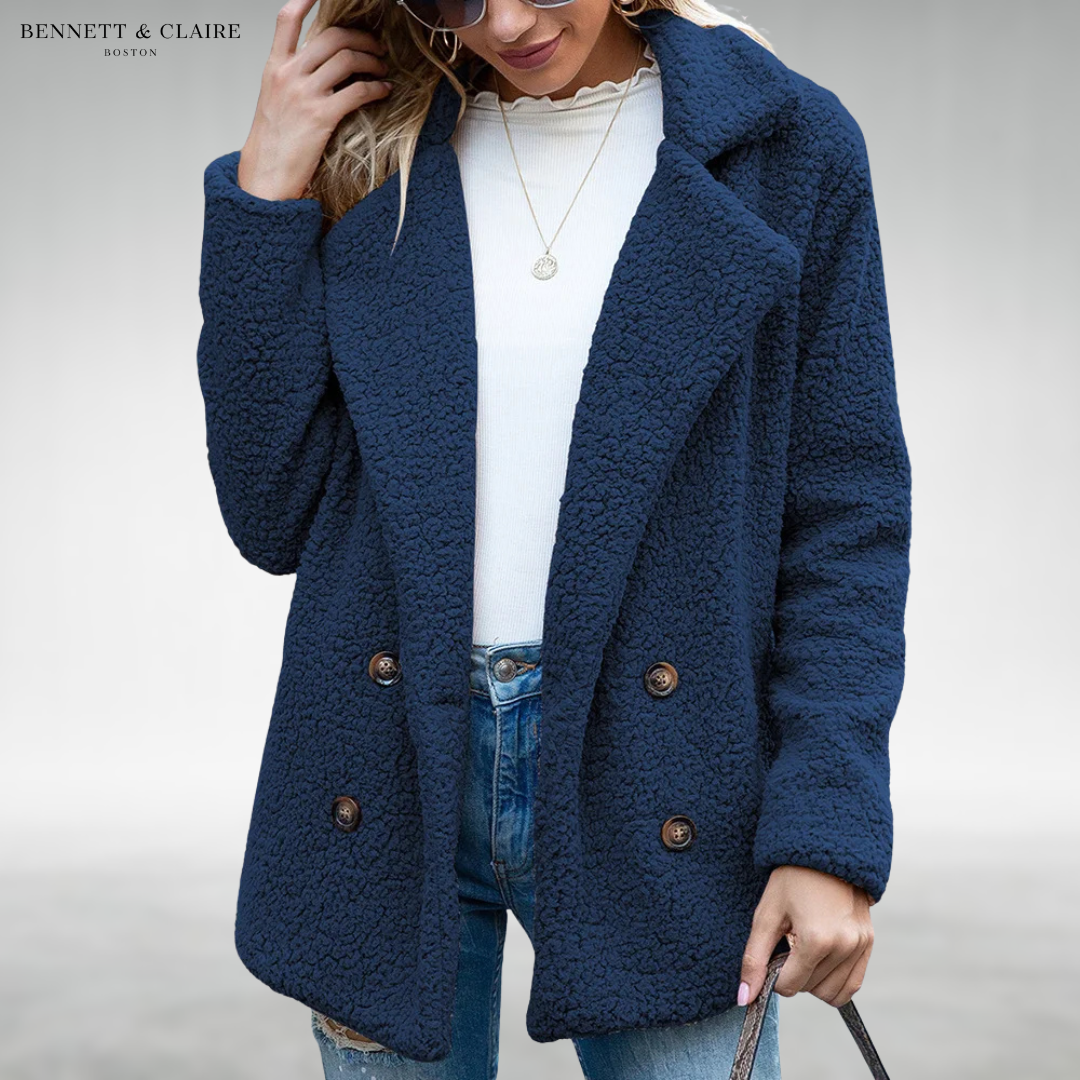 Women's textured double-breasted coat with notched lapels and long sleeves