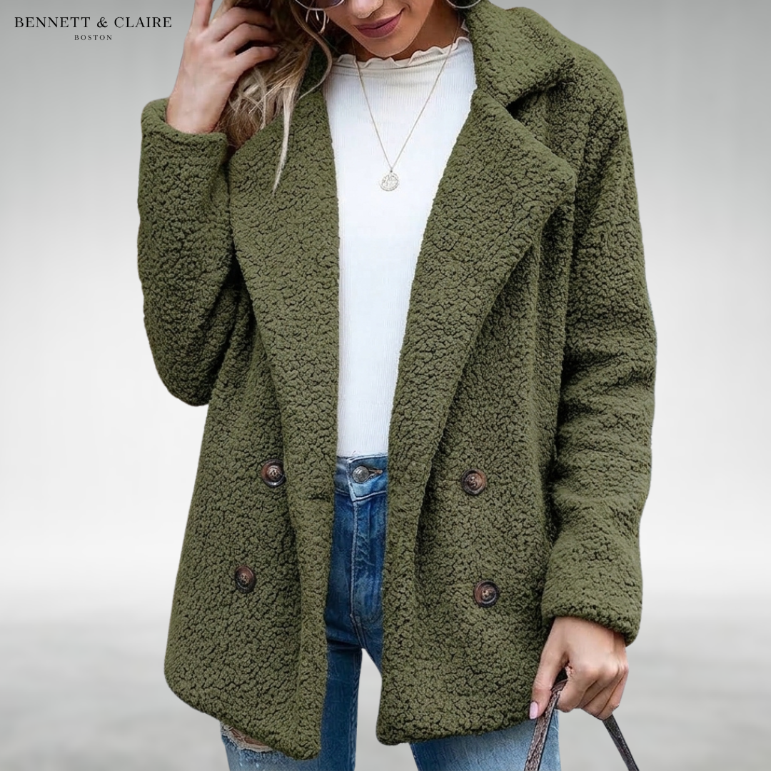 Women's textured double-breasted coat with notched lapels and long sleeves