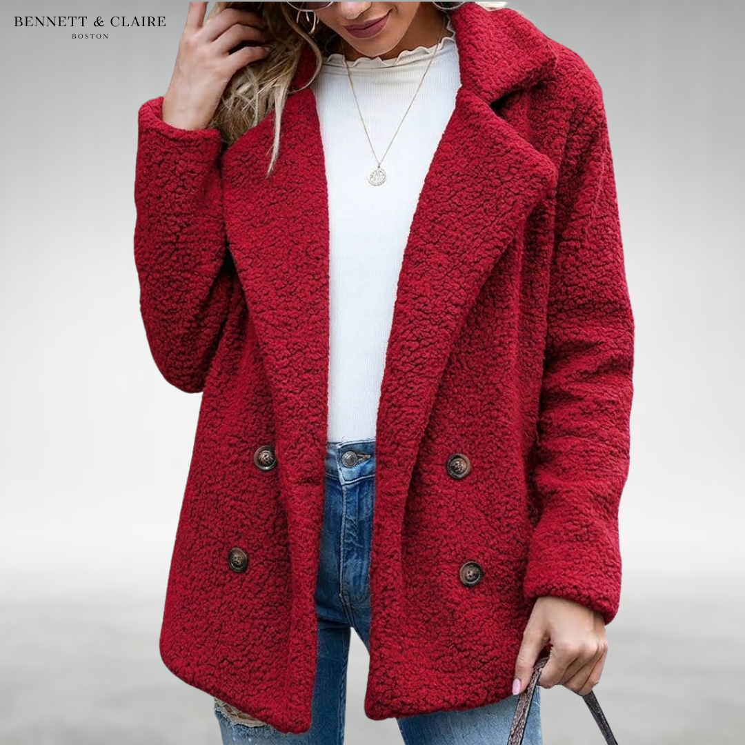 Women's textured double-breasted coat with notched lapels and long sleeves
