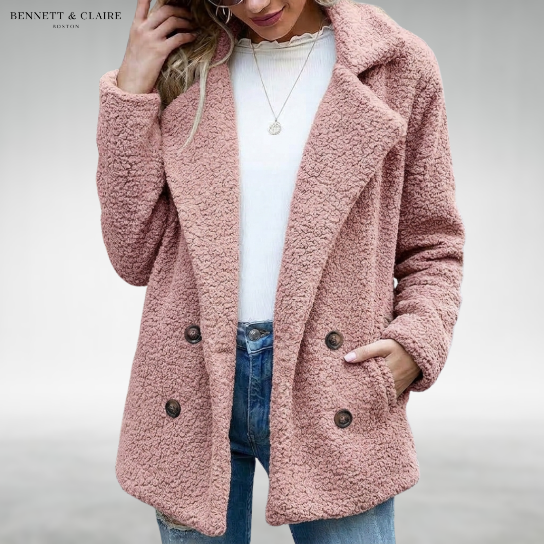 Women's textured double-breasted coat with notched lapels and long sleeves
