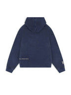 Blue hooded graphic hoodie with long sleeves and kangaroo pocket