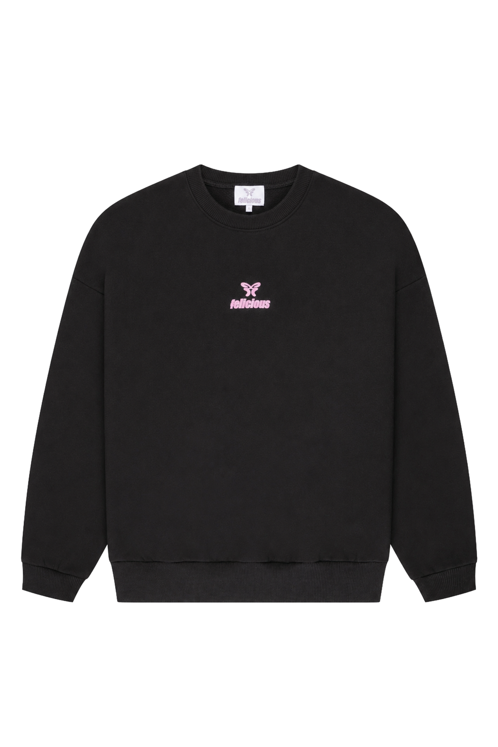 Women's black crewneck sweatshirt with pink butterfly logo and long sleeves