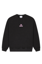 Women's black crewneck sweatshirt with pink butterfly logo and long sleeves