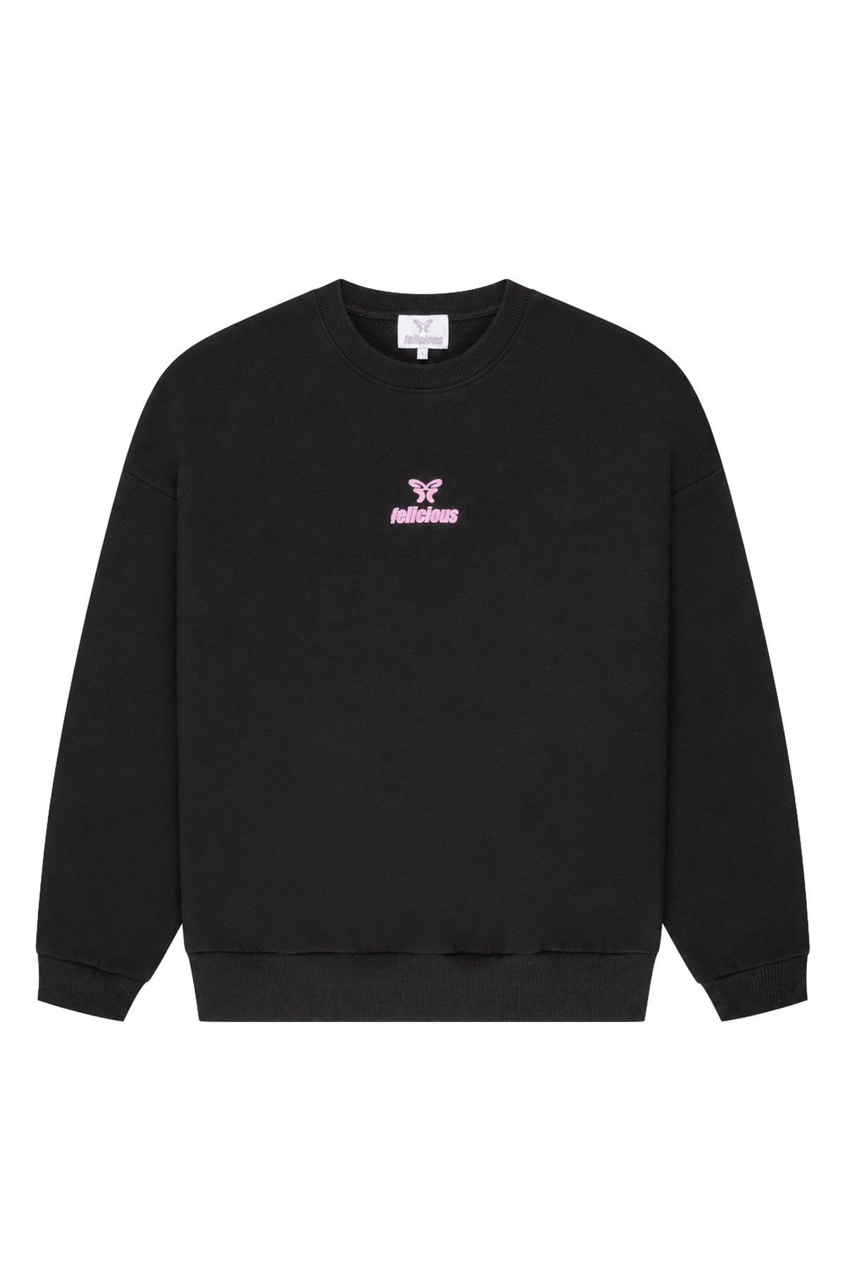 Women's black crewneck sweatshirt with pink butterfly logo and long sleeves