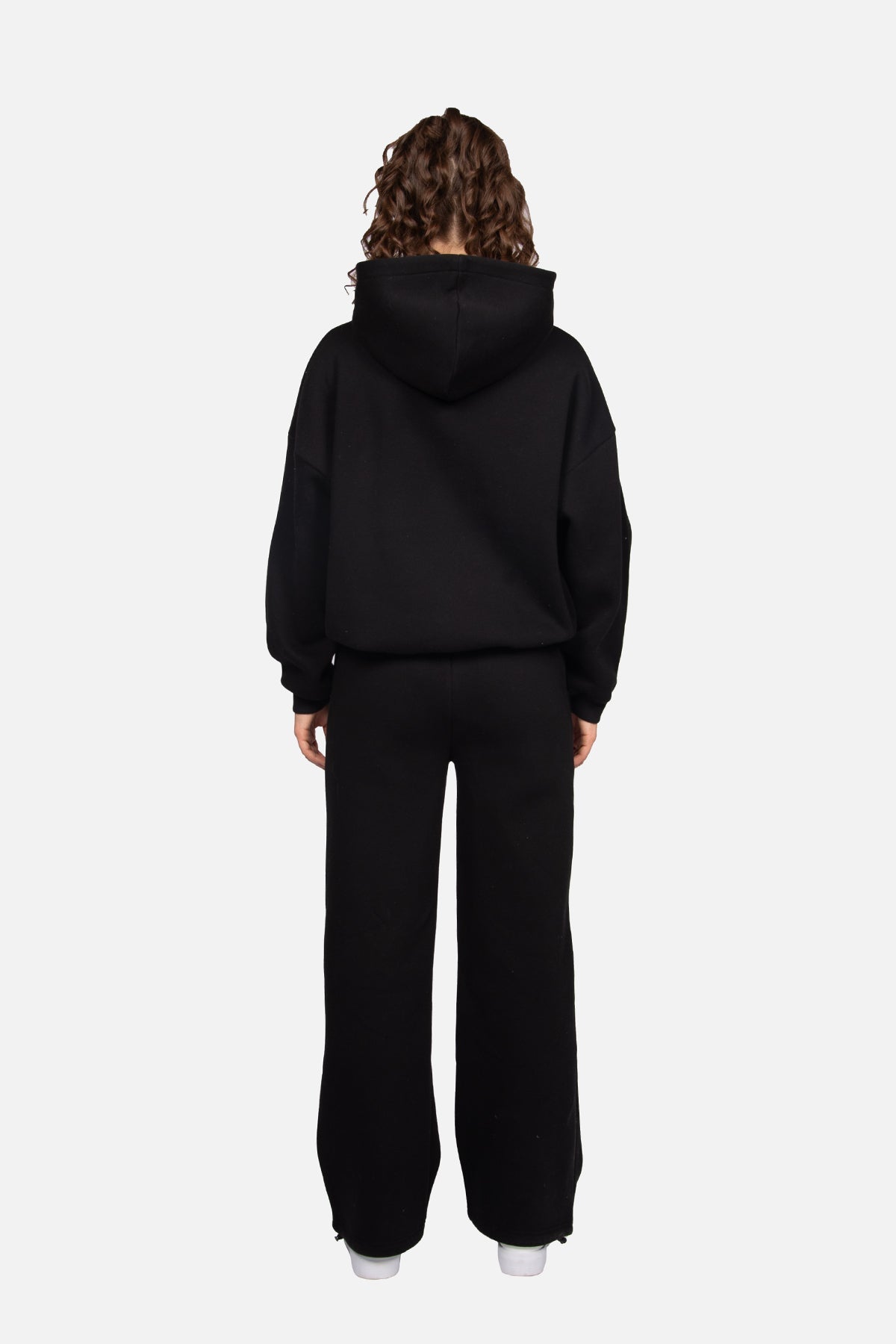 Women's black cropped hoodie with hood and pink chest logo