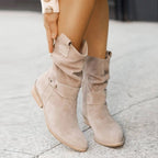 Women's slouch ankle boots with pointed toes, low heels and stitched strap detailing