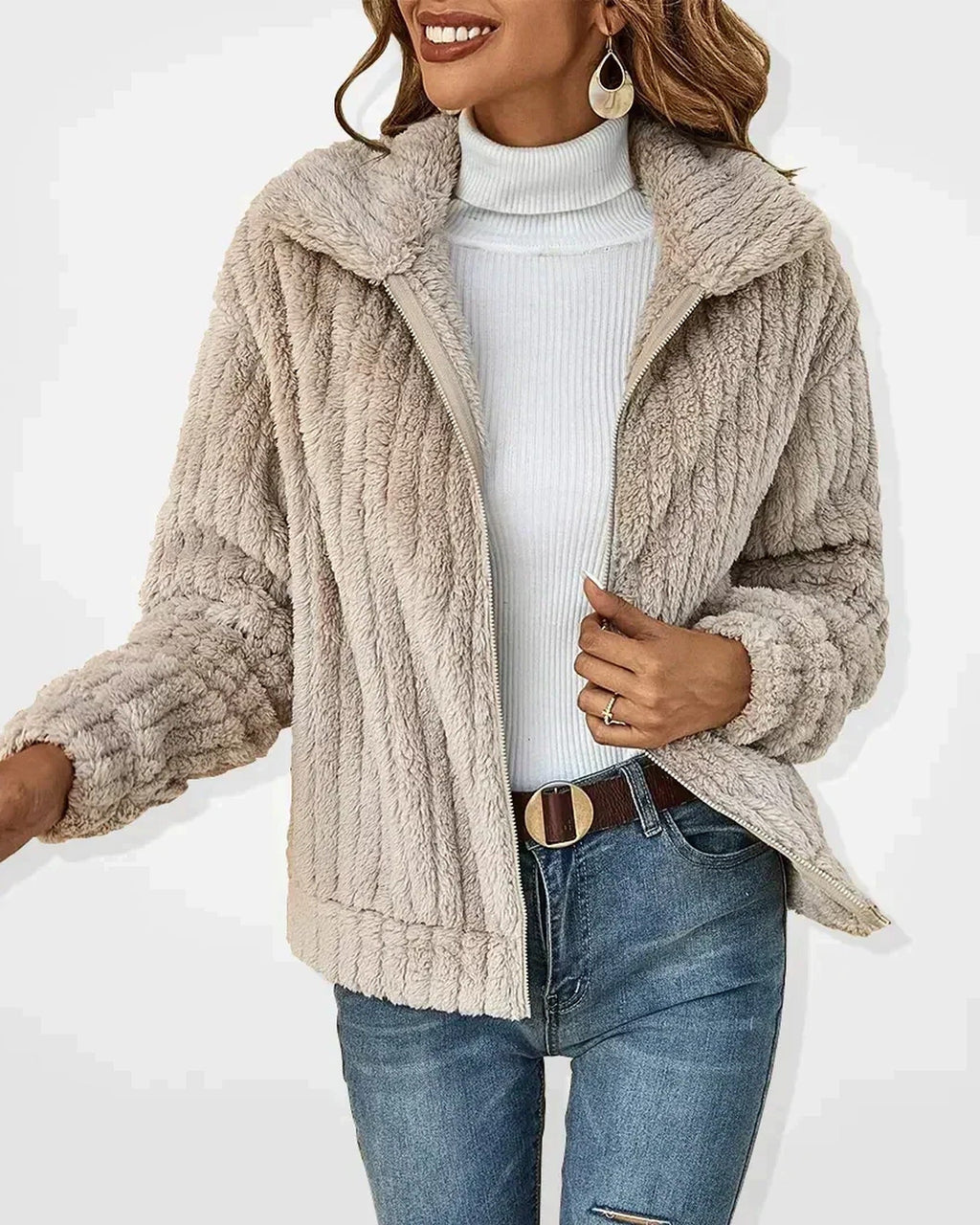 Women's hooded textured cardigan with long sleeves and zip front