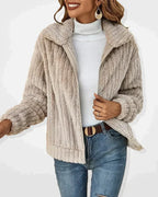 Women's hooded textured cardigan with long sleeves and zip front
