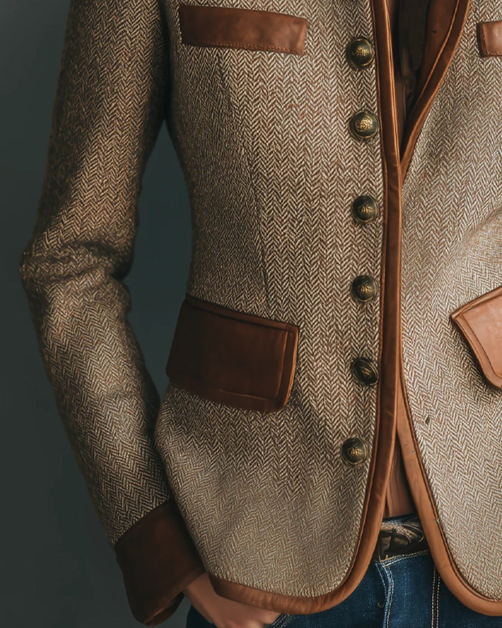 Women's brown herringbone jacket with button front, raised collar and four flap pockets