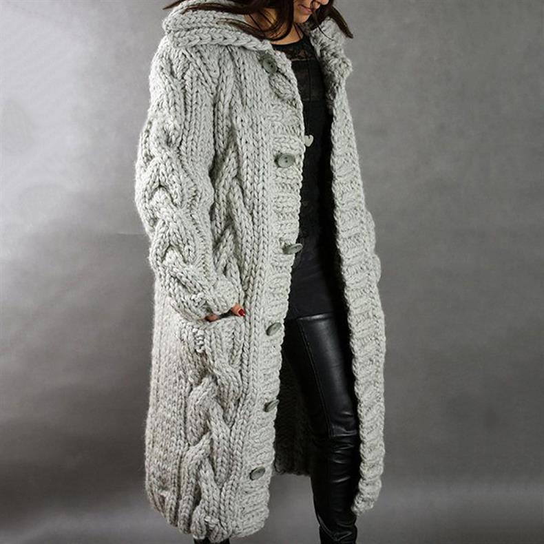 Women's longline hooded cable knit coat with button front