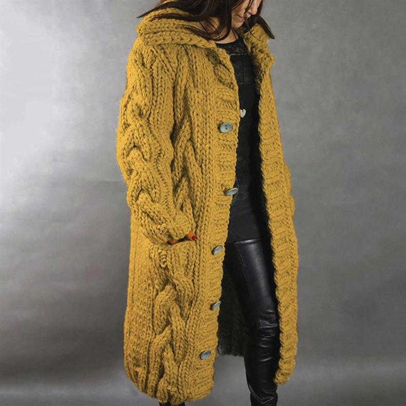 Women's longline hooded cable knit coat with button front