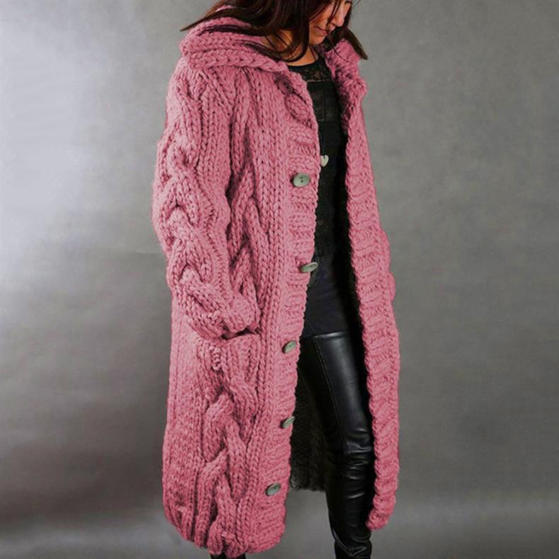 Women's longline hooded cable knit coat with button front