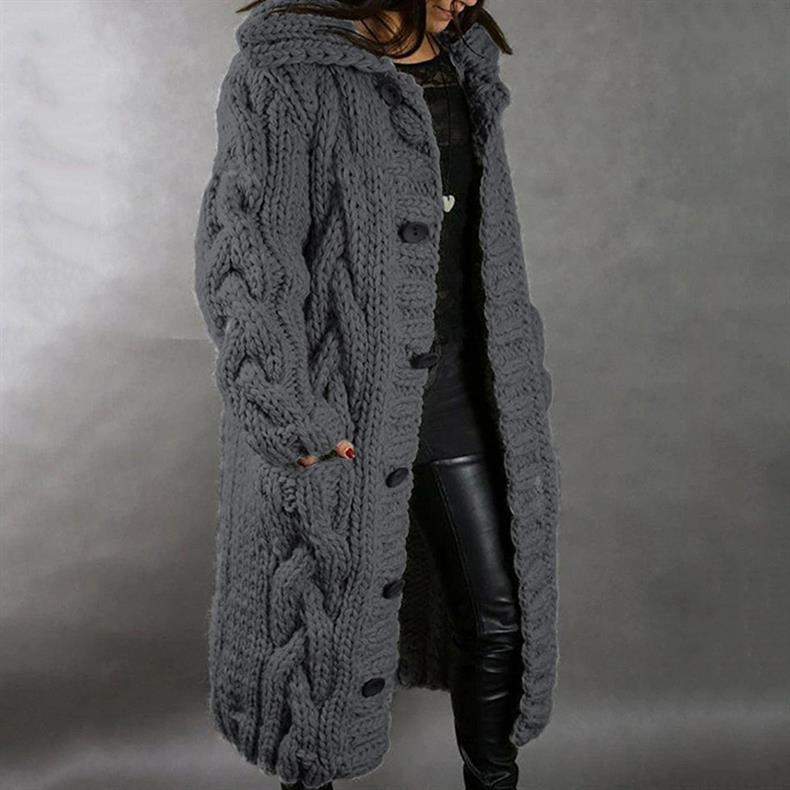 Women's longline hooded cable knit coat with button front