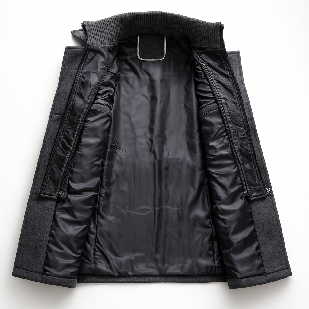 Men's textured long overcoat with high collar, lapels, button pockets and zip fastening