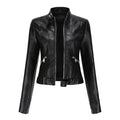 Women's cropped leather-style jacket with stand collar, long sleeves and zipped pockets