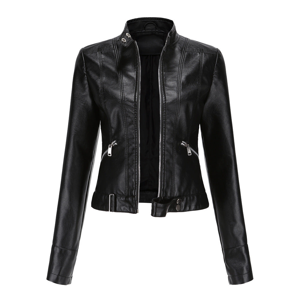 Women's cropped leather-style jacket with stand collar, long sleeves and zipped pockets