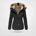 Women's quilted winter jacket with faux fur trimmed hood and zip pockets