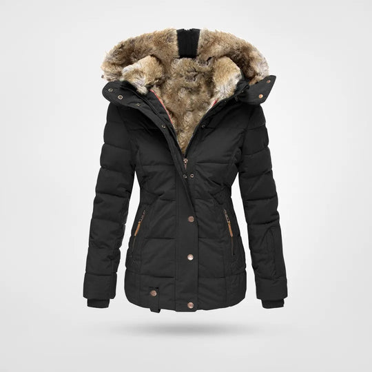 Women's quilted winter jacket with faux fur trimmed hood and zip pockets